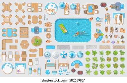 Vector Set. Outdoor Furniture And People On The Patio. Top View.
People In Different Poses, Furniture, Swimming Pool, Paths, Plants. View From Above.