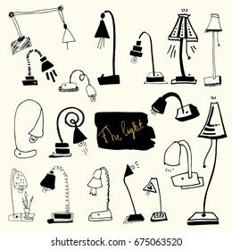 Vector set outdoor lamp, lamp, chandelier. Line stain line art