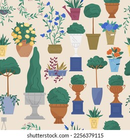 Vector set of outdoor potted plants bushes, trees, flowers. Isolated garden design elements. Flowers, blossoms or trees growing in flowerpots, Street vases and pots. Decorative landscaping plants