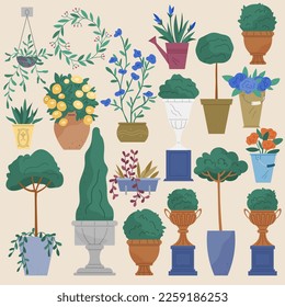 Vector set of outdoor potted plants bushes, trees, flowers. Isolated garden design elements. Flowers, blossoms or trees growing in flowerpots, Street vases and pots. Decorative landscaping plants