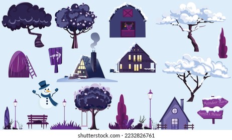 conjunto de vectores de la temporada exterior de un tema de color iconos ilustración.árboles, arbustos, nieve, colmena, flor, ciervo, molino de viento, granero de renos, casa, muñeco de nieve, piedras, flores, camping, abejas
