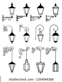 Vector set of outdoor wall lanterns in retro style, in black color, isolated on white background. Wall sticker. Illustration for design.