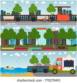 Vector set of outdoor workout interior posters, banners. Embankment cityscape with walkway, bicycle path, street food cart, icecream truck, benches and sports ground in the park. Flat style design.