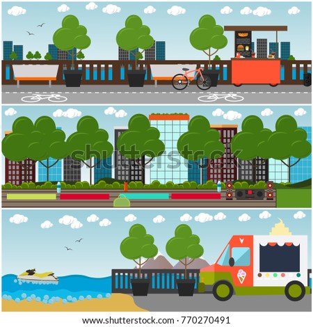Vector set of outdoor workout interior posters, banners. Embankment cityscape with walkway, bicycle path, street food cart, icecream truck, benches and sports ground in the park. Flat style design.