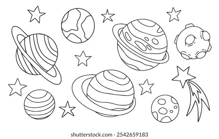 Vector set with outer space, planets, stars and comet. Coloring book for kids in doodle style.