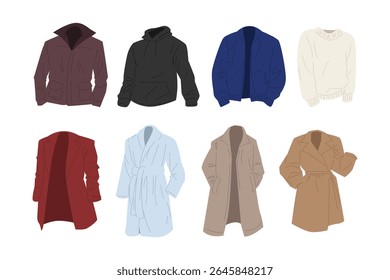 Vector set of outerwear clothing. Jacket, hoodie, sweater, blazer, bath robe, parka, and coat. Cartoon style.