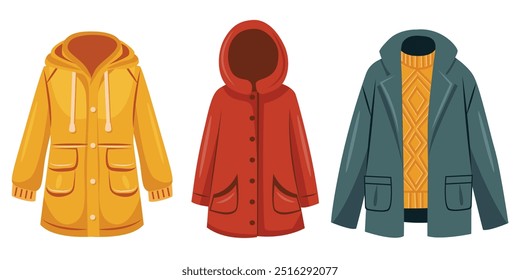 Conjunto de Vector de ropa exterior. Chaqueta, chubasquero y chaqueta con suéter.