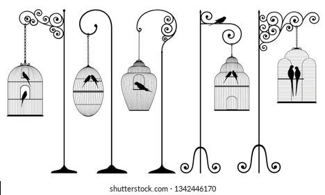 Vector set of outline, antique, bird cages with stands and domestic birds in black color on white background. 