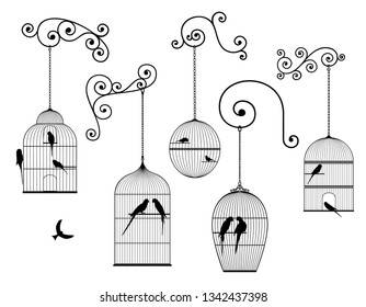 Vector set of outline, antique, hanging bird cages and domestic birds in black color on white background.