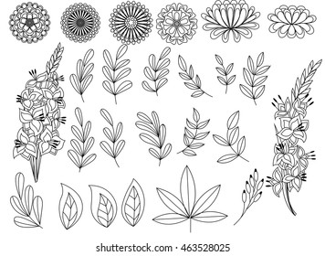 Vector set of outline autumn leaves and flowers