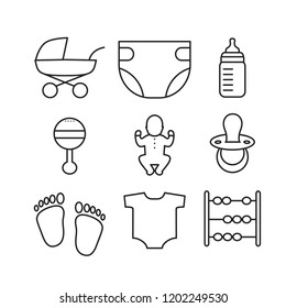 Vector set of outline baby icons such as baby carriage, diaper, feeding bottle, rattle, baby, pacifier, footprints, bodysuit, toy abacus.