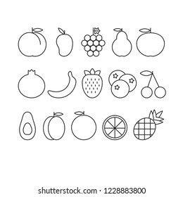 Vector set of outline berries and fruits. Fruits and berries icons.   