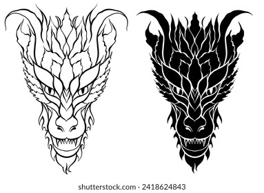 Conjunto vectorial de contorno y de siluetas negras de un dragón ruidoso aislado del fondo. Ilustración monocroma de la fantasía con símbolo de Año Nuevo para sublimación, pegatinas e iconos.