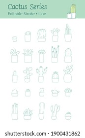 Vector set of outline cactus plants and succulents set in pots with outlines. Exotic and Tropical Plants - Cacti for design isolated on white background. Icon cactus for design. cactus in flower pots.