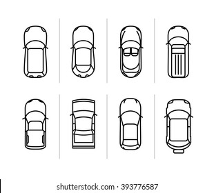 Vector set outline cars top view. Vector car icons. Thin line vector race cars symbols