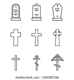 Vector Set of Outline Cemetery Icons. Tombstones and Crosses. Funeral Symbol.