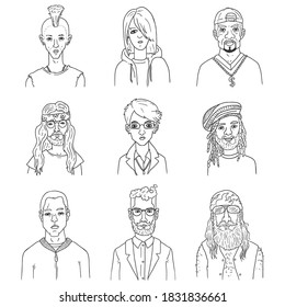 Vector Set of Outline Characters Faces. Different Subculture Portraits.