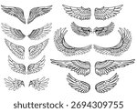 Vector set of outline clip arts of bird wings. Collection of outline angel wings isolated on the background. A symbol of freedom and flight for stickers and postcards.
