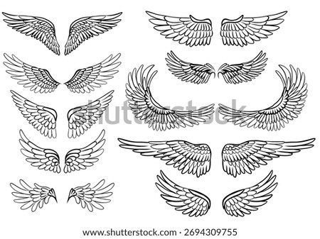 Vector set of outline clip arts of bird wings. Collection of outline angel wings isolated on the background. A symbol of freedom and flight for stickers and postcards.