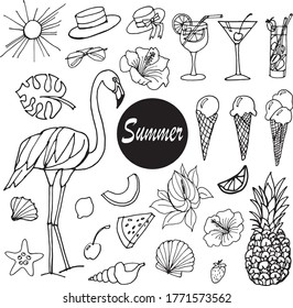 Vector set with outline cliparts of summer time