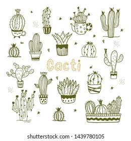 Vector set of outline cute cacti. Cartoon stile, doodle.