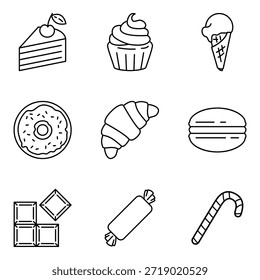Vector Set of Outline Dessert Icons. Sweeties and Pastry