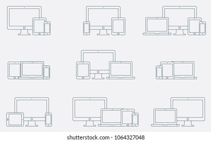Vector set of outline device icons. Responsive digital devices icons.