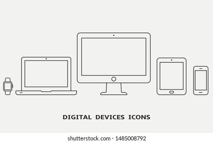 Vector set of outline device icons. Monitor, laptop, tablet pc, smartphone and smart watch