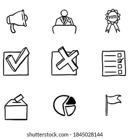 Vector Set of Outline Doodle Elections Icons. Politics Vote Pictograms.