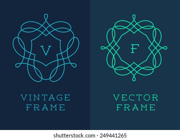 Vector set of outline emblems and badges - abstract hipster logo templates  Elegant lineart logo design elements, vector illustration