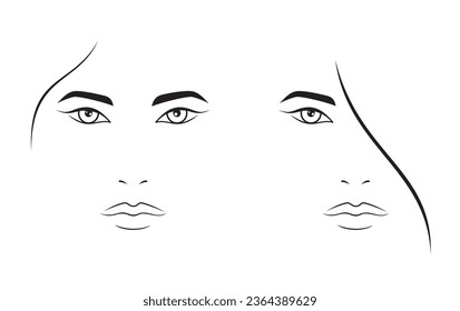 Vector set of outline female face portrait frontal view, isolated, illustration on white background.