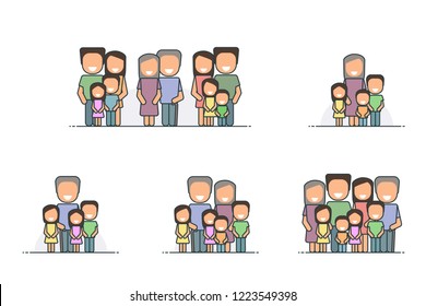 Vector Set. Outline Flat Icons. Grandparents with Grandchildren. Happy Family