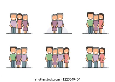 Vector Set. Outline Flat Icons. Old Parents with Children. Happy Family