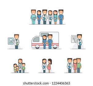 Vector Set. Outline Flat Icons. Doctors with Patients