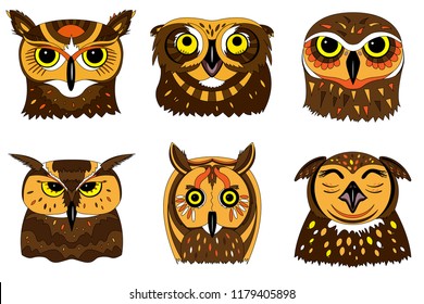 Vector set of outline funny owls portraits isolated on white background, Cartoon style. For printing in children's books, on clothes, postcards, posters. Coloring book, page for adults and children.