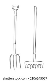 Vector set of outline garden tools: rake, pitchfork, doodle style, isolated. Equipments for working in the garden, on farm, dacha, country site