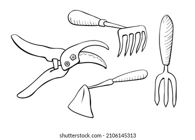 Vector set of outline garden tools: hoes, fork, pruner, pruning shears, doodle style, isolated. Equipments for working in the garden, on farm, dacha, country site