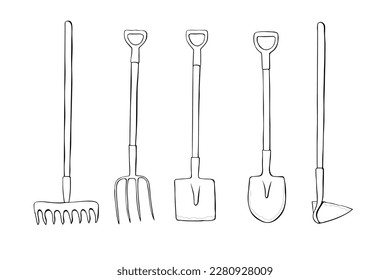 Conjunto de vectores de herramientas de jardín de contorno: pala, azadilla, rastrillo, horquilla, en estilo doodle aislado. Equipamiento para la agricultura de jardinería