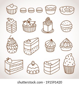 Vector set of outline hand drawn sweet cakes tarts pie donut cupcakes chocolate dessert bakery