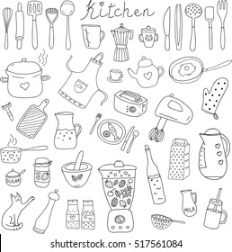 Vector set of outline hand drawn kitchen themed objects and appliences. Doodle vector elements.