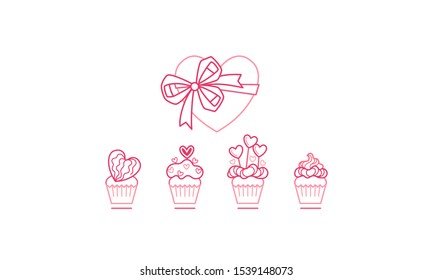 Vector set of outline icon pink cupcakes with decor, box of chocolates with ribbon, isolated. Сandy heart box. Elements for greeting card. Decoration for birthday party, greetings on Valentine 's Day