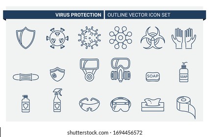 Vector set of outline icons about virus protection and its accessories