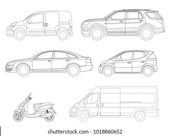 Vector set of outline icons cars. View to the side City transport.