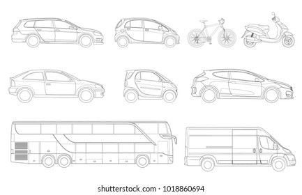 Vector set of outline icons cars. View to the side City transport.