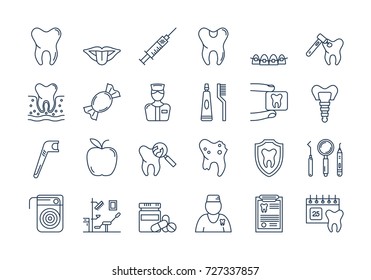 Vector set of outline icons. Dental care isolated pictographs. Teeth, tools, treatment, professional health care and orthodontics, implants in modern thin line style