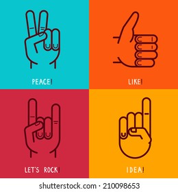 Vector set of outline icons - gestures and signs - like, peace, rock and idea