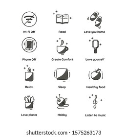 Vector set of outline icons in hygge style. Set of linear icons of comfort and coziness.