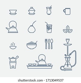 vector set of outline icons related to drinking tea in pub