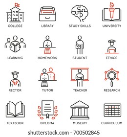 Vector set outline icons related to educational process, career progress, training,  tutorship and professional consulting service. Mono line pictograms and infographics design elements - 1