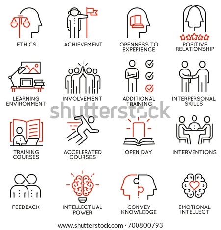 Vector set outline icons related to educational process, career progress, training, tutorship and professional consulting service. Mono line pictograms and infographics design elements - 3